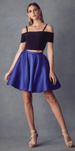 Juliet 809 Short Cold-Shoulder Two-Piece Dress(Short Cold Shoulder Homecoming Two Piece Dress Royal Blue)