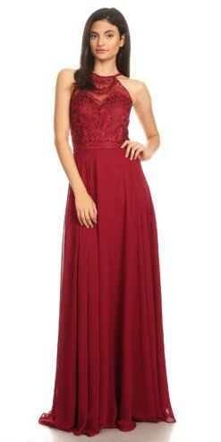 Eureka 8111 Chiffon Halter A-line Long Dress Lace Appliqued Bodice(Mocha Halter A Line Long Formal Dress Lace Appliqued Bodice) -Discount Dress Shops 8111 eureka fashion burgundy