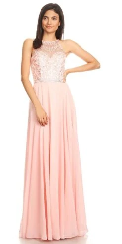 Eureka 8111 Chiffon Halter A-line Long Dress Lace Appliqued Bodice(Mocha Halter A Line Long Formal Dress Lace Appliqued Bodice) -Discount Dress Shops 8111 eureka fashion dusty pink