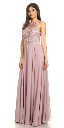 Eureka 8111 Chiffon Halter A-line Long Dress Lace Appliqued Bodice(Mocha Halter A Line Long Formal Dress Lace Appliqued Bodice) -Discount Dress Shops 8111 eureka fashion mocha left side
