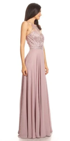 Eureka 8111 Chiffon Halter A-line Long Dress Lace Appliqued Bodice(Mocha Halter A Line Long Formal Dress Lace Appliqued Bodice) -Discount Dress Shops 8111 eureka fashion mocha right side
