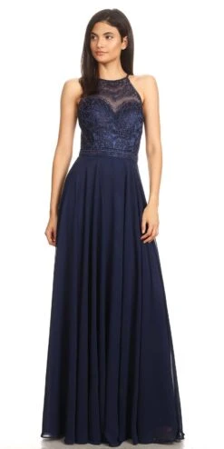 Eureka 8111 Chiffon Halter A-line Long Dress Lace Appliqued Bodice(Mocha Halter A Line Long Formal Dress Lace Appliqued Bodice) -Discount Dress Shops 8111 eureka fashion navy blue
