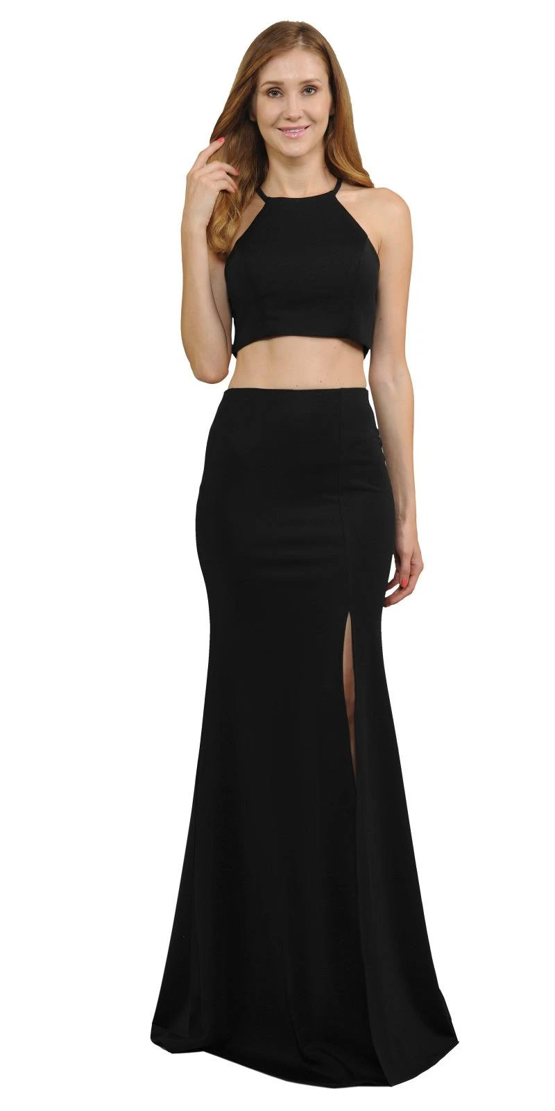 Poly USA | Ed Young 8126 Halter Two-Piece Long Dress With Slit(Halter Black Two Piece Long Prom Dress With Slit) 1 Poly USA | Ed Young 8126 Halter Two-Piece Long Dress With Slit(Halter Black Two Piece Long Prom Dress With Slit)