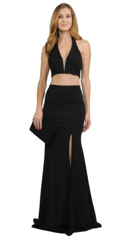 Poly USA | Ed Young 8128 V-Neck Crop Top Two-Piece Long Dress(V Neck Crop Top Two Piece Black Long Prom Dress)