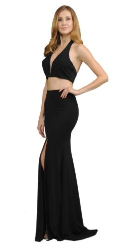Poly USA | Ed Young 8128 V-Neck Crop Top Two-Piece Long Dress(V Neck Crop Top Two Piece Black Long Prom Dress) -Discount Dress Shops 8128 poly usa black side