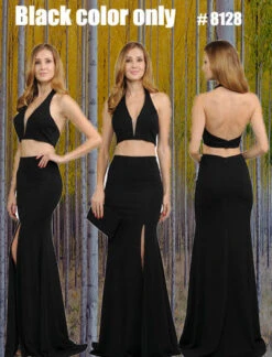 Poly USA | Ed Young 8128 V-Neck Crop Top Two-Piece Long Dress(V Neck Crop Top Two Piece Black Long Prom Dress) -Discount Dress Shops 8128 s collection