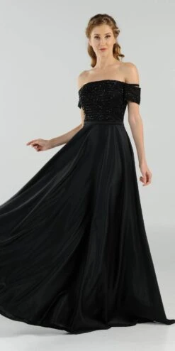 Poly USA | Ed Young 8132 Off-the-Shoulder Beaded Long Dress With Pockets(Mauve Off The Shoulder Beaded Long Prom Dress With Pockets) -Discount Dress Shops 8132