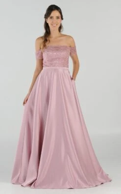 Poly USA | Ed Young 8132 Off-the-Shoulder Beaded Long Dress With Pockets(Mauve Off The Shoulder Beaded Long Prom Dress With Pockets)