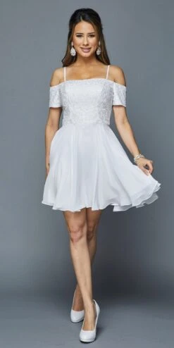 Juliet 814 Short Dress With Cold-Shoulder(White Homecoming Short Dress With Cold Shoulder)