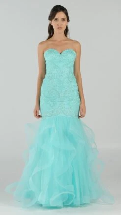 Poly USA | Ed Young 8198 Strapless Tiered Mermaid Dress Embroidered(Strapless Tiered Mermaid Long Prom Dress Embroidered Aqua)