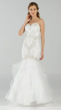 Poly USA | Ed Young 8198 Strapless Tiered Mermaid Dress Embroidered(Strapless Tiered Mermaid Long Prom Dress Embroidered Aqua) -Discount Dress Shops 8198 poly usa off white