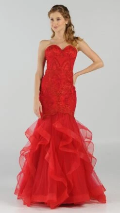 Poly USA | Ed Young 8198 Strapless Tiered Mermaid Dress Embroidered(Strapless Tiered Mermaid Long Prom Dress Embroidered Aqua) -Discount Dress Shops 8198 poly usa red