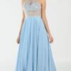 Poly USA | Ed Young 8202 Halter Sheer Beaded Bodice Keyhole Neckline Long Dress(Halter Sheer Beaded Bodice Keyhole Neckline Long Prom Dress Ice Blue)