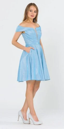 Poly USA | Ed Young 8224 Off-Shoulder Short Dress With Pockets(Off Shoulder Blue Homecoming Short Dress With Pockets) -Discount Dress Shops 8224 poly usa blue side