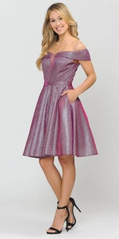 Poly USA | Ed Young 8224 Off-Shoulder Short Dress With Pockets(Off Shoulder Blue Homecoming Short Dress With Pockets) -Discount Dress Shops 8224 poly usa magenta