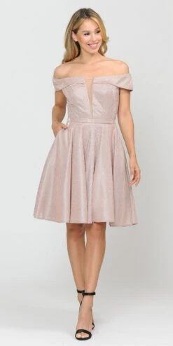 Poly USA | Ed Young 8224 Off-Shoulder Short Dress With Pockets(Off Shoulder Blue Homecoming Short Dress With Pockets) -Discount Dress Shops 8224 poly usa rose gold