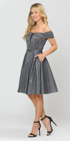 Poly USA | Ed Young 8224 Off-Shoulder Short Dress With Pockets(Off Shoulder Blue Homecoming Short Dress With Pockets) -Discount Dress Shops 8224 poly usa silver black