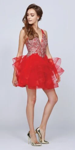 Juliet 823 Plunging V-Neck Ruffled Skirt Short Dress(Black Plunging V Neck Ruffled Skirt Homecoming Short Dress) -Discount Dress Shops 823 juliet red