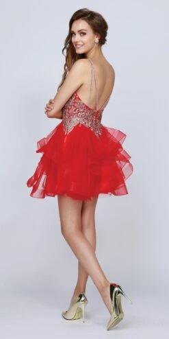 Juliet 823 Plunging V-Neck Ruffled Skirt Short Dress(Black Plunging V Neck Ruffled Skirt Homecoming Short Dress) -Discount Dress Shops 823 juliet red back