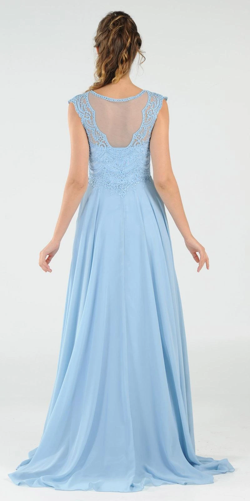 Poly USA | Ed Young 8254 Cap Sleeves Embroidered A-Line Dress With Slit(Navy Blue Cap Sleeves Embroidered Long Formal Dress With Slit) 7 Poly USA | Ed Young 8254 Cap Sleeves Embroidered A-Line Dress With Slit(Navy Blue Cap Sleeves Embroidered Long Formal Dress With Slit) - Image 7