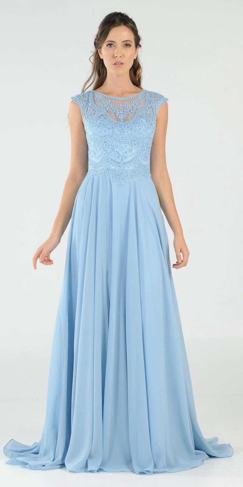 Poly USA | Ed Young 8254 Cap Sleeves Embroidered A-Line Dress With Slit(Navy Blue Cap Sleeves Embroidered Long Formal Dress With Slit) 6 Poly USA | Ed Young 8254 Cap Sleeves Embroidered A-Line Dress With Slit(Navy Blue Cap Sleeves Embroidered Long Formal Dress With Slit) - Image 6