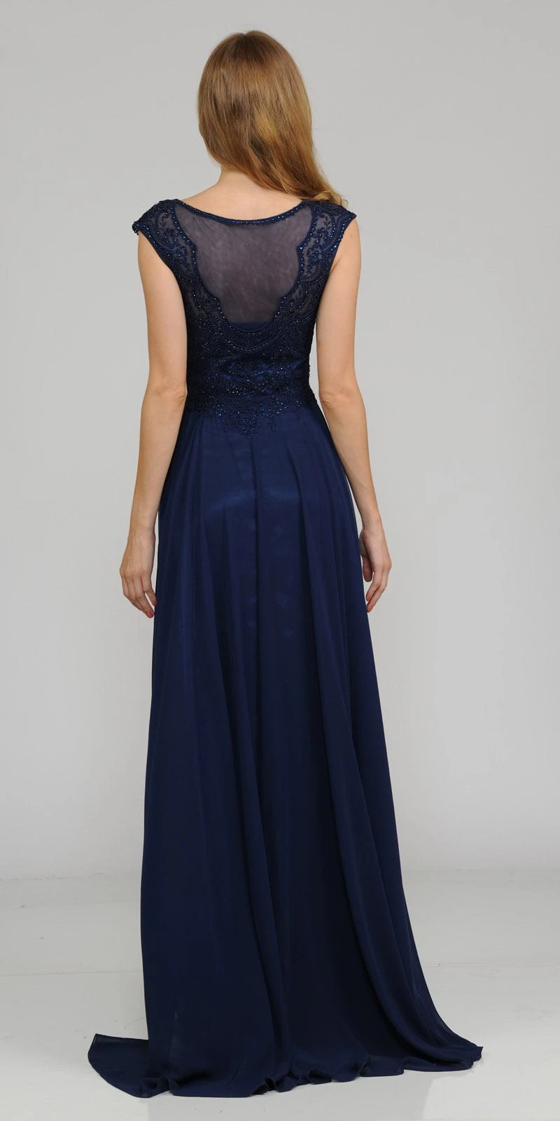 Poly USA | Ed Young 8254 Cap Sleeves Embroidered A-Line Dress With Slit(Navy Blue Cap Sleeves Embroidered Long Formal Dress With Slit) 2 Poly USA | Ed Young 8254 Cap Sleeves Embroidered A-Line Dress With Slit(Navy Blue Cap Sleeves Embroidered Long Formal Dress With Slit) - Image 2
