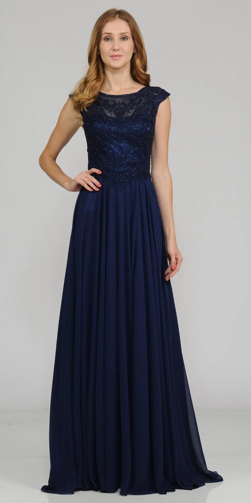 Poly USA | Ed Young 8254 Cap Sleeves Embroidered A-Line Dress With Slit(Navy Blue Cap Sleeves Embroidered Long Formal Dress With Slit) 1 Poly USA | Ed Young 8254 Cap Sleeves Embroidered A-Line Dress With Slit(Navy Blue Cap Sleeves Embroidered Long Formal Dress With Slit)