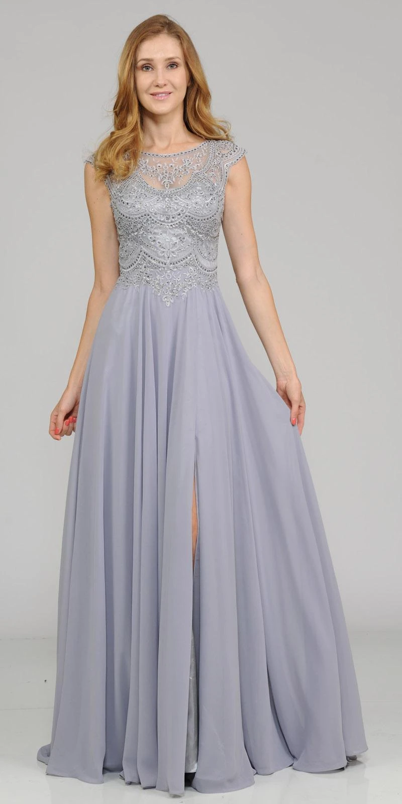 Poly USA | Ed Young 8254 Cap Sleeves Embroidered A-Line Dress With Slit(Navy Blue Cap Sleeves Embroidered Long Formal Dress With Slit) 14 Poly USA | Ed Young 8254 Cap Sleeves Embroidered A-Line Dress With Slit(Navy Blue Cap Sleeves Embroidered Long Formal Dress With Slit) - Image 14