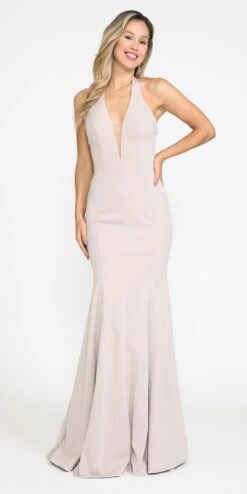 Poly USA | Ed Young 8262 Deep V-Neck Halter Top Mermaid Dress Jersey(Deep V Neck Halter Long Prom Dress Mocha) -Discount Dress Shops 8262Mocha 1