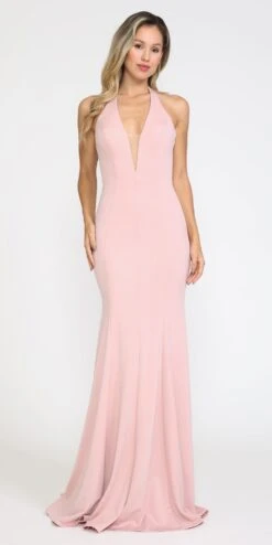 Poly USA | Ed Young 8262 Deep V-Neck Halter Top Mermaid Dress Jersey(Deep V Neck Halter Long Prom Dress Mocha) -Discount Dress Shops 8262RoseGold 1