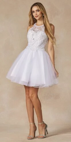 Juliet 826 Fit-and-Flare Halter Neck Short Party Dress(Fit And Flare Halter Neck Short Dress Red Homecoming Party) -Discount Dress Shops 826 WHITE SIDE