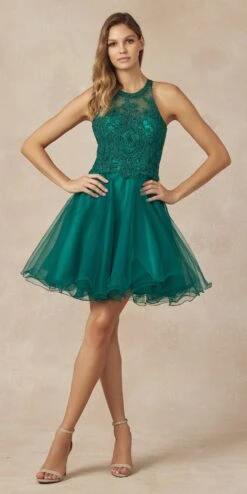 Juliet 826 Fit-and-Flare Halter Neck Short Party Dress(Fit And Flare Halter Neck Short Dress Red Homecoming Party) -Discount Dress Shops 826 emerald