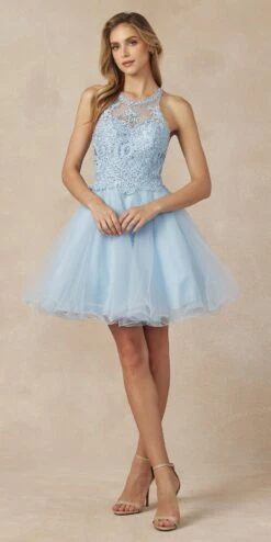 Juliet 826 Fit-and-Flare Halter Neck Short Party Dress(Fit And Flare Halter Neck Short Dress Red Homecoming Party) -Discount Dress Shops 826 light blue