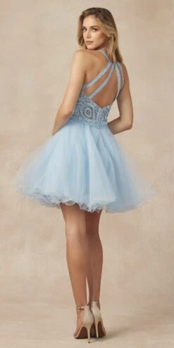 Juliet 826 Fit-and-Flare Halter Neck Short Party Dress(Fit And Flare Halter Neck Short Dress Red Homecoming Party) -Discount Dress Shops 826 light blue back