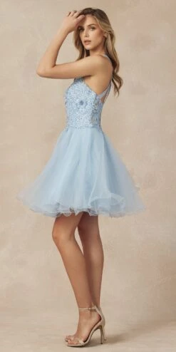 Juliet 826 Fit-and-Flare Halter Neck Short Party Dress(Fit And Flare Halter Neck Short Dress Red Homecoming Party) -Discount Dress Shops 826 light blue side