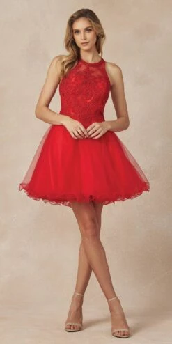 Juliet 826 Fit-and-Flare Halter Neck Short Party Dress(Fit And Flare Halter Neck Short Dress Red Homecoming Party) -Discount Dress Shops 826 red