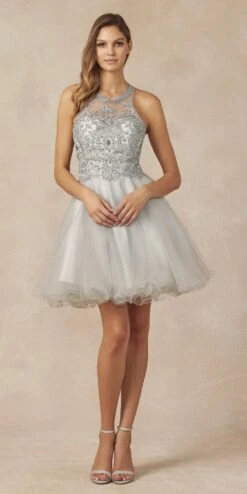 Juliet 826 Fit-and-Flare Halter Neck Short Party Dress(Fit And Flare Halter Neck Short Dress Red Homecoming Party) -Discount Dress Shops 826 silver