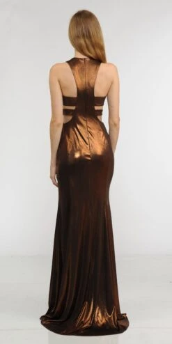 Poly USA | Ed Young 8270 Metallic Foil Sleeveless Long Dress Side Cut-Outs(Gold Metallic Foil Sleeveless Long Formal Dress With Side Cut Outs) -Discount Dress Shops 8270 poly usa brown back f741d1e4 e010 4416 b19b c62a2faeea64