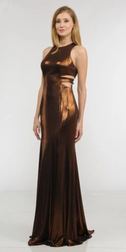 Poly USA | Ed Young 8270 Metallic Foil Sleeveless Long Dress Side Cut-Outs(Gold Metallic Foil Sleeveless Long Formal Dress With Side Cut Outs) -Discount Dress Shops 8270 poly usa brown side view 75244045 e1bd 4466 9f64 01a4433fe751