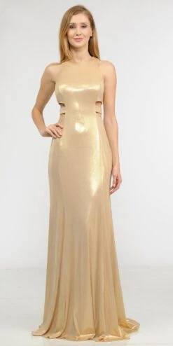 Poly USA | Ed Young 8270 Metallic Foil Sleeveless Long Dress Side Cut-Outs(Gold Metallic Foil Sleeveless Long Formal Dress With Side Cut Outs)