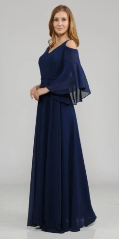 Poly USA | Ed Young 8300 Cold-Shoulder V-Neck Long Dress Bell Sleeve(Cold Shoulder V Neck Long Formal Dress Bell Sleeve Mauve) -Discount Dress Shops 8300 poly usa navy blue side view e881953c 093c 4dcb b734 5a9ca242ce59