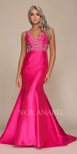 CLEARANCE - Nox Anabel 8307 Mermaid Gown Satin Beaded Bodice Sleeveless (Size M)(Clearance Nox Anabel 8307 Mermaid Gown Satin Beaded Bodice Sleeveless Size M)