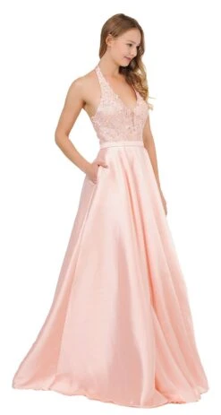 Poly USA | Ed Young 8316 Open Back Halter Long Dress Mikado/Lace(Open Back Halter Long Prom Dress With Pockets Yellow)