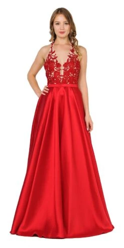 Poly USA | Ed Young 8316 Open Back Halter Long Dress Mikado/Lace(Open Back Halter Long Prom Dress With Pockets Yellow) -Discount Dress Shops 8316 poly usa red side 12c5c1ec e73d 4cfe b1c7 7562a0438d1b