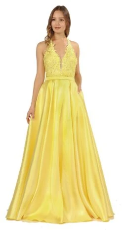 Poly USA | Ed Young 8316 Open Back Halter Long Dress Mikado/Lace(Open Back Halter Long Prom Dress With Pockets Yellow) -Discount Dress Shops 8316 poly usa yellow b92a76b1 8767 4db5 9f11 ca36675cc3f1