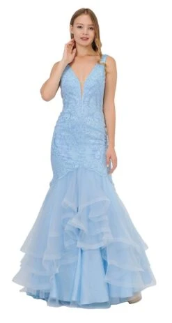 Poly USA | Ed Young 8320 V-Neck Long Mermaid Tiered Prom Dress(V Neck Long Mermaid Tiered Prom Dress Blue)