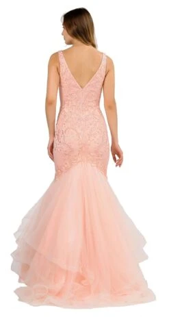 Poly USA | Ed Young 8320 V-Neck Long Mermaid Tiered Prom Dress(V Neck Long Mermaid Tiered Prom Dress Blue) -Discount Dress Shops 8320 poly usa blush back