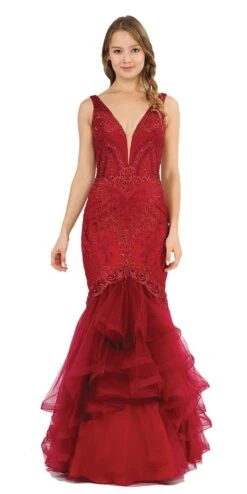 Poly USA | Ed Young 8320 V-Neck Long Mermaid Tiered Prom Dress(V Neck Long Mermaid Tiered Prom Dress Blue) -Discount Dress Shops 8320 poly usa burgundy