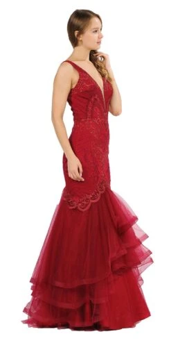 Poly USA | Ed Young 8320 V-Neck Long Mermaid Tiered Prom Dress(V Neck Long Mermaid Tiered Prom Dress Blue) -Discount Dress Shops 8320 poly usa burgundy side