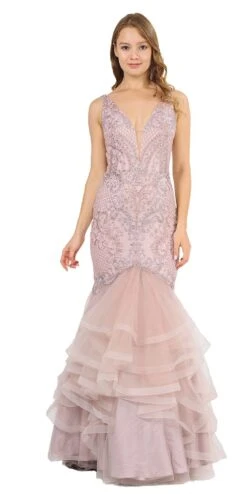 Poly USA | Ed Young 8320 V-Neck Long Mermaid Tiered Prom Dress(V Neck Long Mermaid Tiered Prom Dress Blue) -Discount Dress Shops 8320 poly usa mauve
